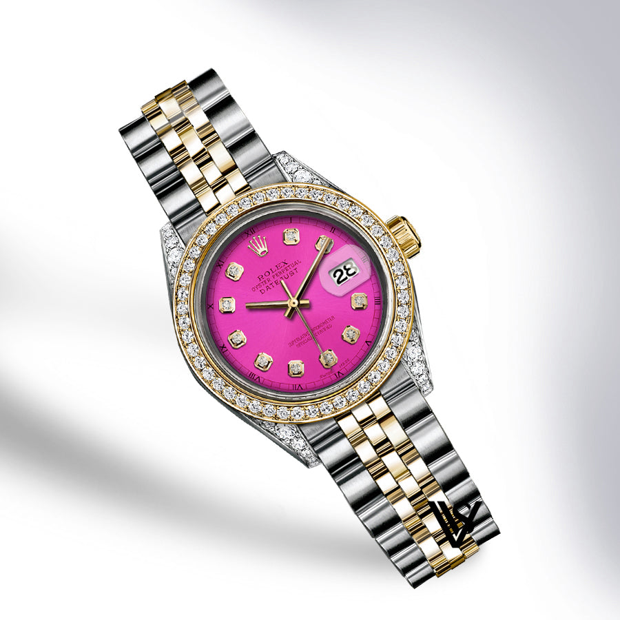 Rolex - Stainless Steel and Yellow Gold Datejust 26mm - Diamond Bezel - Neon Pink Diamond Dial - Jubilee Bracelet - Diamond Lugs