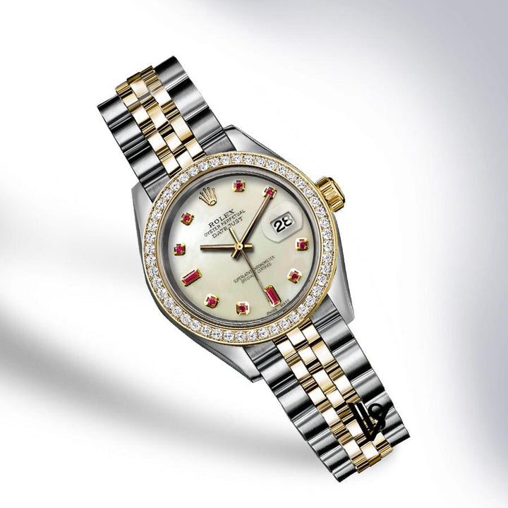 Rolex - Stainless Steel and Yellow Gold Datejust - Diamond Bezel - Mother of Pearl Baguette 6 & 9 Ruby Diamond Dial - Jubilee Bracelet