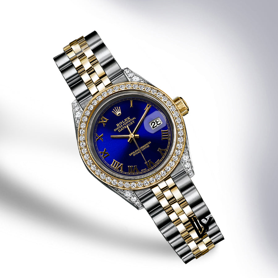 Rolex - Stainless Steel and Yellow Gold Datejust 26mm - Diamond Bezel - Royal Blue Roman Dial - Jubilee Bracelet - Diamond Lugs