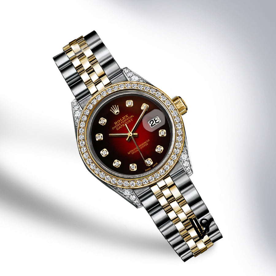 Rolex - Stainless Steel and Yellow Gold Datejust - Diamond Bezel - Black & Red Vignette Diamond Dial - Jubilee Bracelet - Diamond Lugs