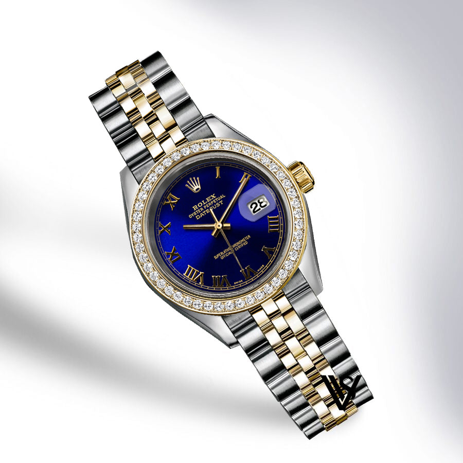 Preowned Rolex - 26mm Datejust Royal Blue Roman Diamond Dial with Diamond Bezel Two-tone 18K Yellow Gold & Stainless Steel Jubilee