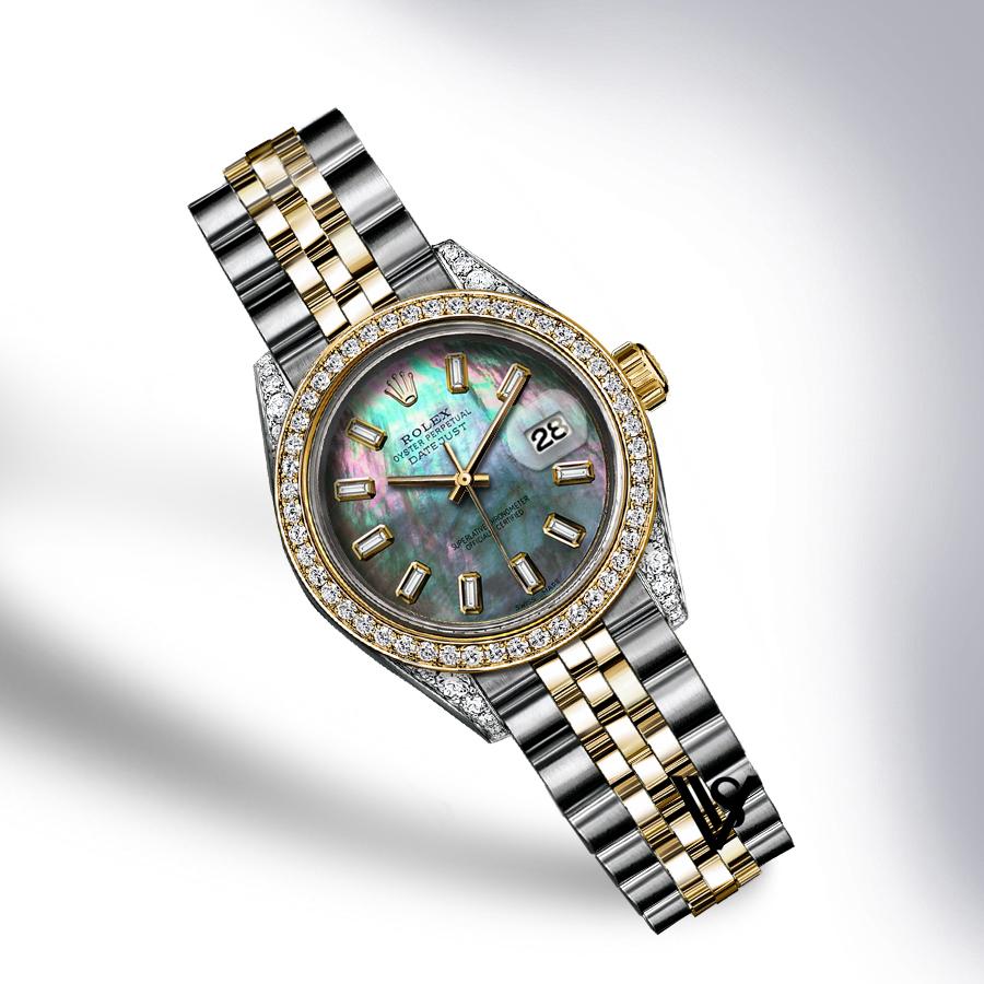 Rolex - Stainless Steel and Yellow Gold Datejust - Diamond Bezel - Green Mother of Pearl Baguette Diamond Dial Dial - Jubilee Bracelet - Diamond Lugs