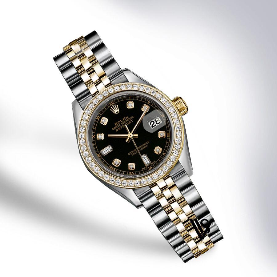 Rolex 36MM BLACK DIAL DATEJUST BAGUETTE 6 & 9 DIAMOND DIAL DIAMOND BEZEL TWO-TONE 18K YELLOW GOLD & STAINLESS STEEL JUBILEE LADIES WATCH PREOWNED