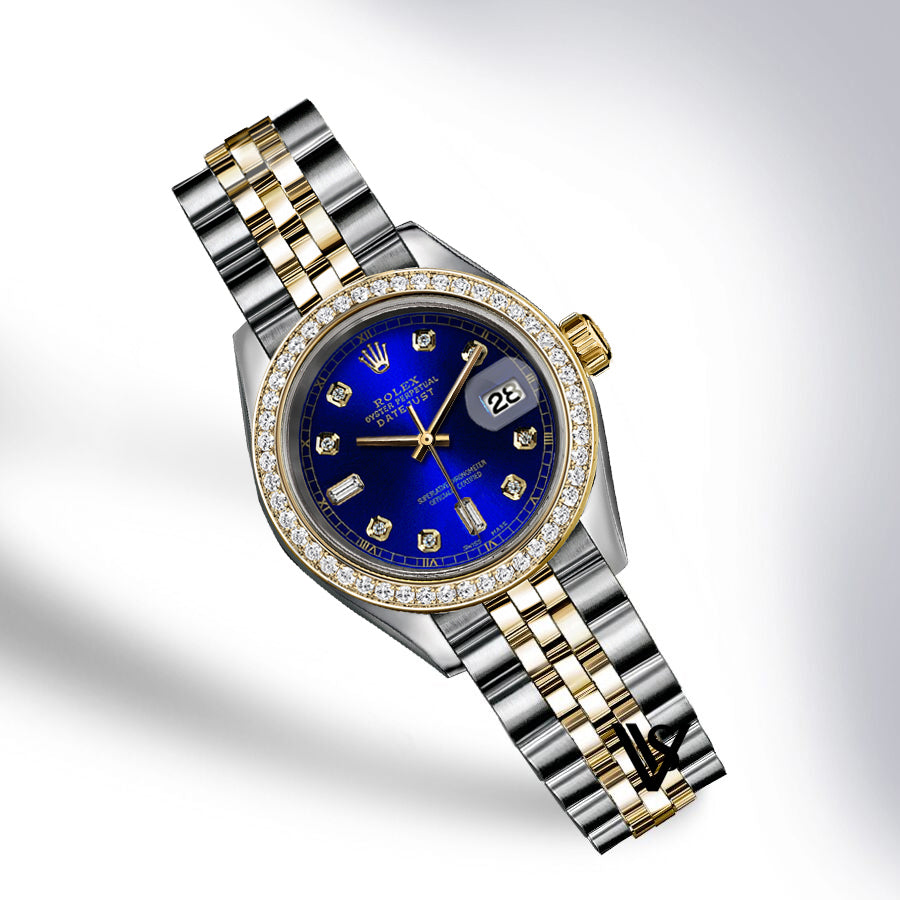 Rolex - Stainless Steel and Yellow Gold Datejust 26mm - Diamond Bezel - Royal Blue 6 & 9 Baguette Diamond Dial - Jubilee Bracelet