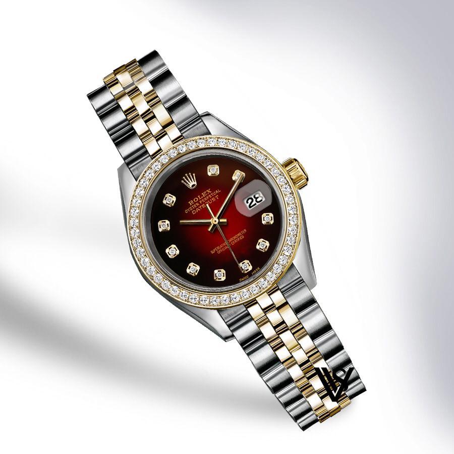 Rolex - Stainless Steel and Yellow Gold Datejust - Diamond Bezel - Black & Red Vignette Diamond Dial - Jubilee Bracelet