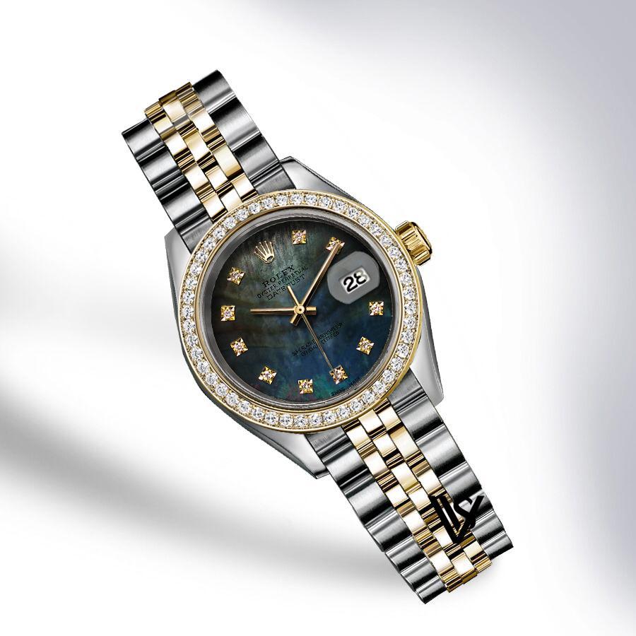 Rolex FORREST GREEN TAHITIAN DATEJUST TWO-TONE 18K YELLOW GOLD & STAINLESS STEEL DIAMOND DIAL DIAMOND BEZEL JUBILEE LADIES WATCH PREOWNED