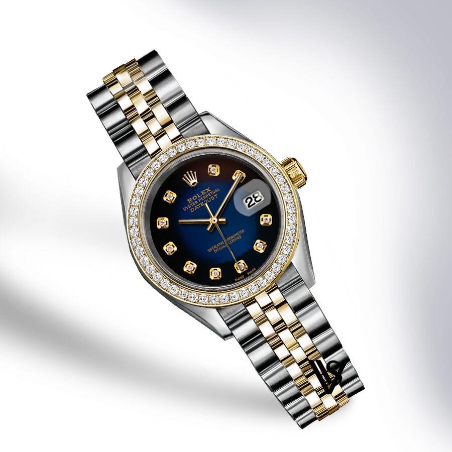 Rolex 36MM  BLACK & BLUE FADED DATEJUST DIAMOND DIAL DIAMOND BEZEL TWO-TONE 18K YELLOW GOLD AND STAINLESS STEEL JUBILEE LADIES WATCH PREOWNED