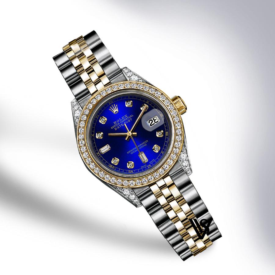 Rolex - Stainless Steel and Yellow Gold Datejust - Diamond Bezel - Royal Blue Baguette 6 & 9 Diamond Dial - Jubilee Bracelet - Diamond Lugs