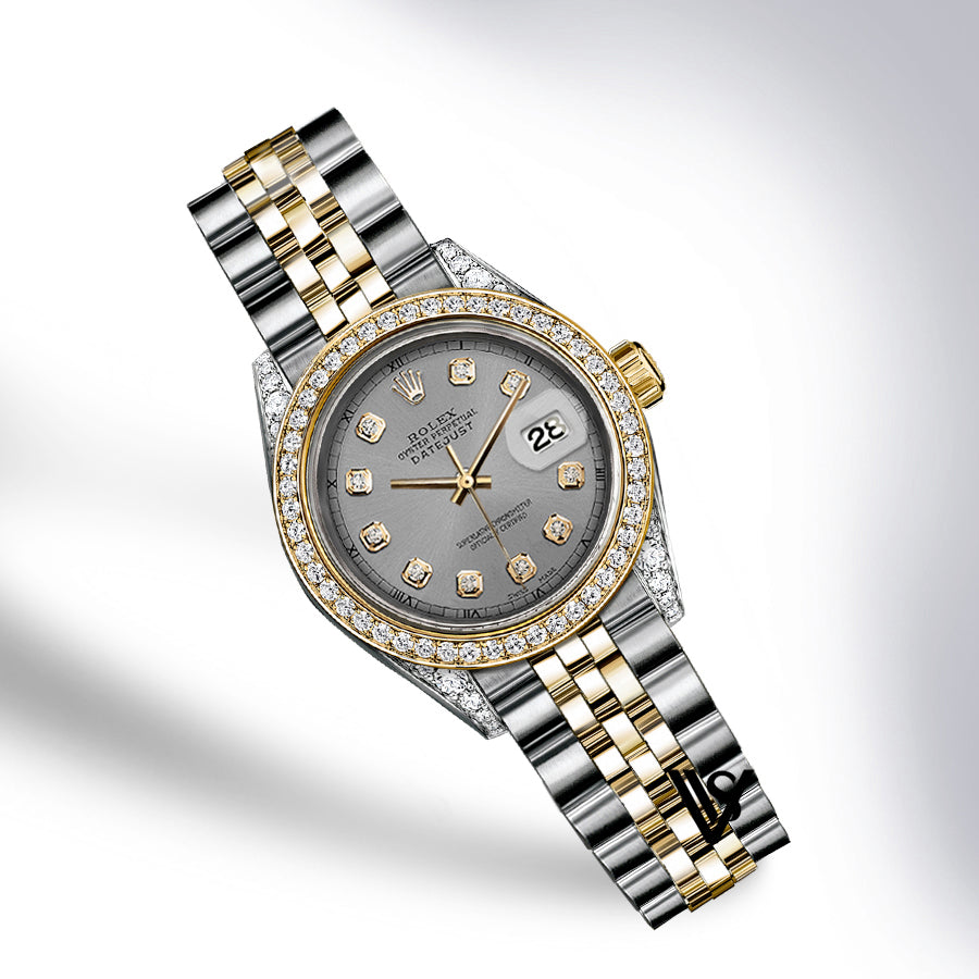 Rolex - Stainless Steel and Yellow Gold Datejust 26mm - Diamond Bezel - Gunmetal Grey Diamond Dial - Jubilee Bracelet - Diamond Lugs