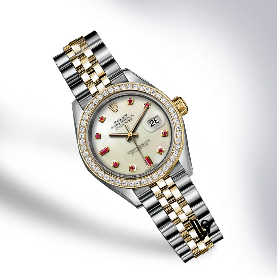 Rolex - Stainless Steel and Yellow Gold Datejust 26mm - Diamond Bezel - Natural Pearl Ruby Diamond Dial - Jubilee Bracelet