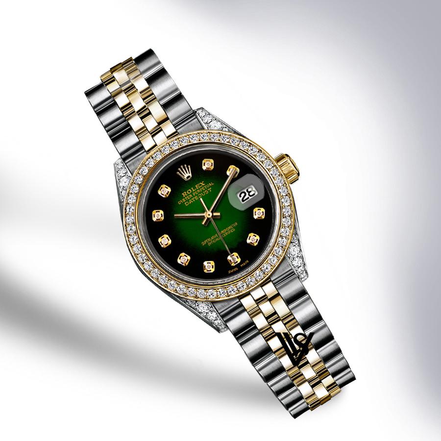 Rolex - Stainless Steel and Yellow Gold Datejust - Diamond Bezel - Black & Green Vignette Diamond Dial - Jubilee Bracelet - Diamond Lugs