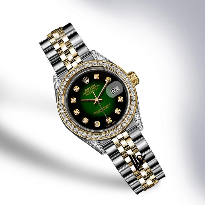 Rolex - Stainless Steel and Yellow Gold Datejust - Diamond Bezel - Black & Green Vignette Diamond Dial - Jubilee Bracelet - Diamond Lugs