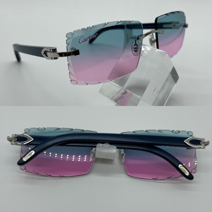 Blue/Pink Lenses Sharp Square Shaped W/ Black Temples Cartier Glasses