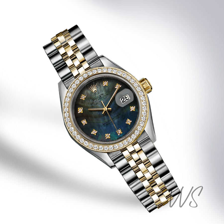 Rolex Large 36mm Dark Blue Tahitian Diamond Dial Diamond Bezel Stainless Steel Jubilee Datejust Watch