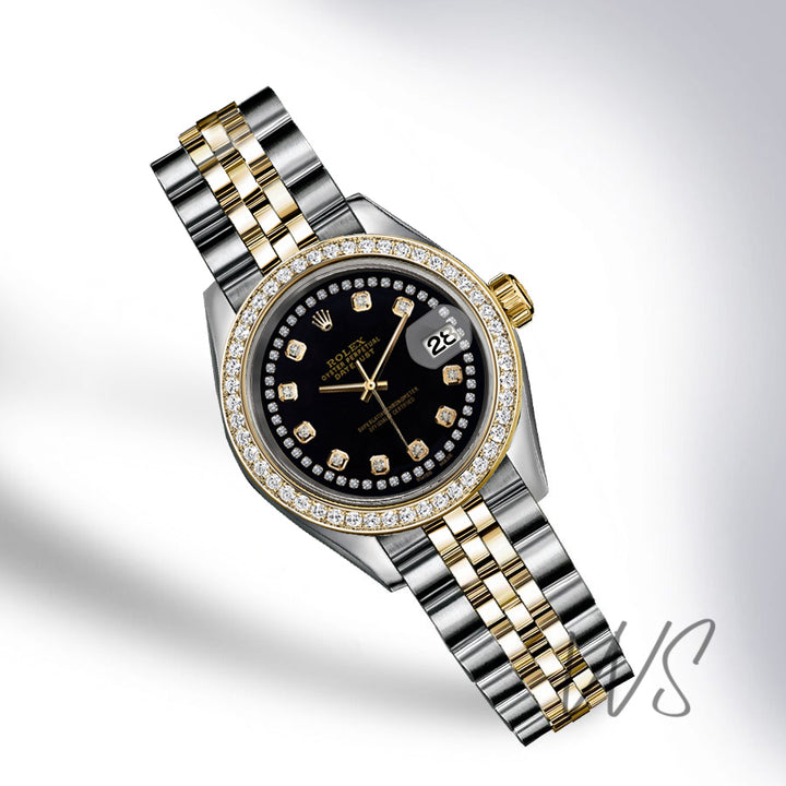 Rolex - Stainless Steel and Yellow Gold Datejust - Diamond Bezel - Black Diamond Dial with Diamond String- Jubilee Bracelet