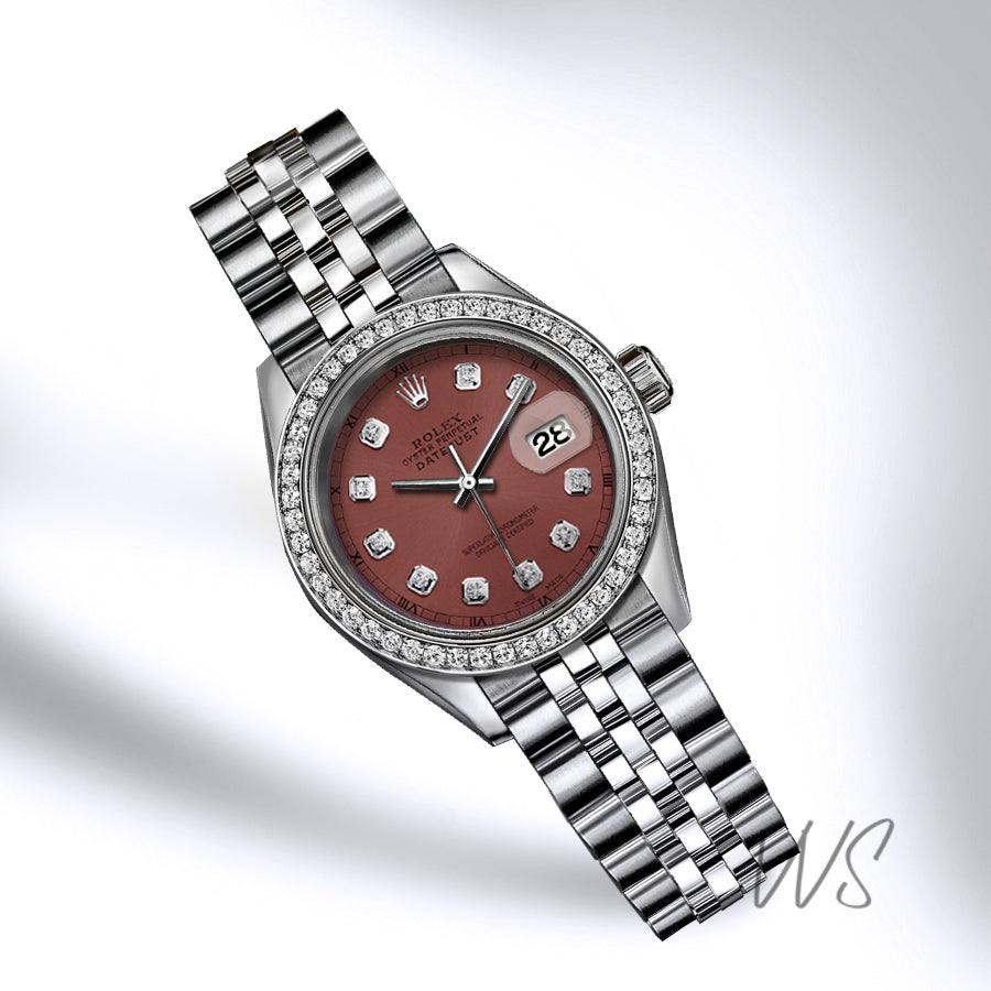 Rolex - Stainless Steel Datejust - Diamond Bezel - Dusty Red Diamond Dial - Jubilee Bracelet