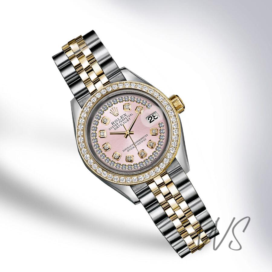 Rolex Ladies 26mm Baby Pink Diamond String Dial Diamond Bezel Two-tone 18K Yellow Gold & Stainless Steel Jubilee Datejust with track Watch