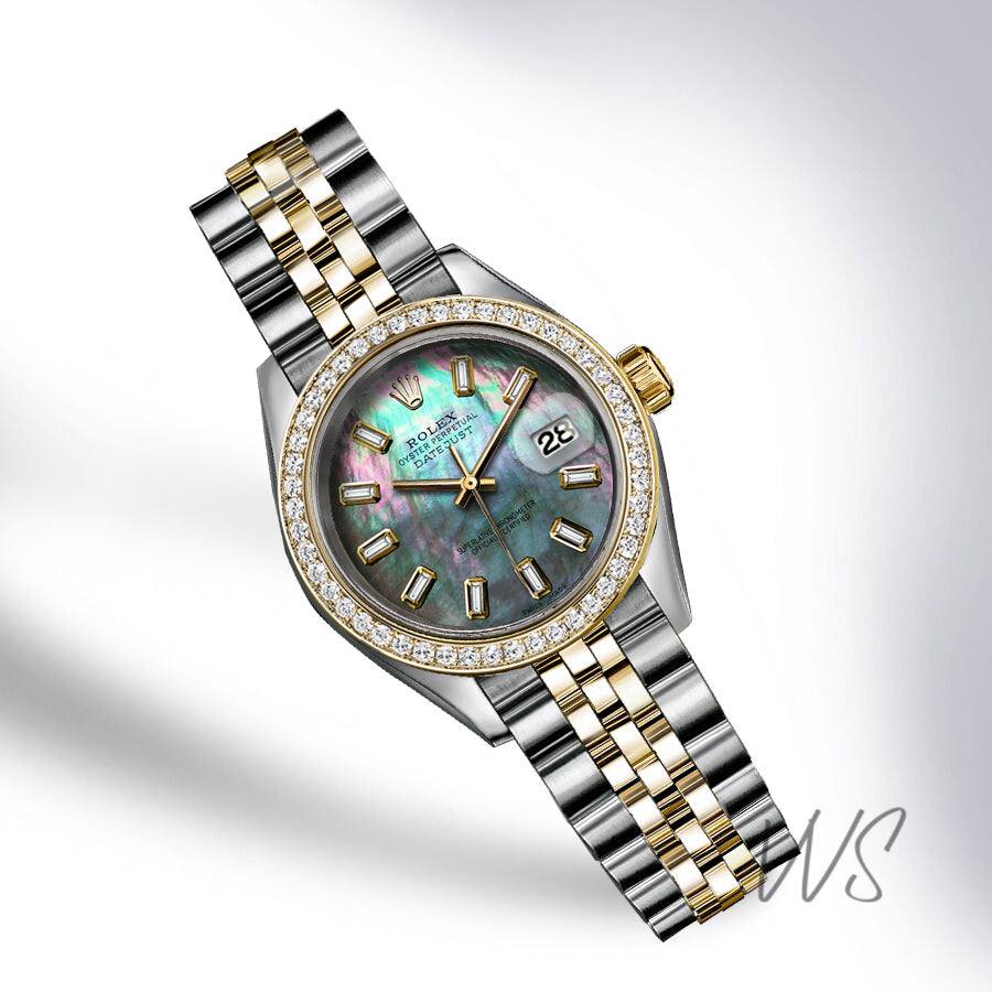 Rolex - Stainless Steel and Yellow Gold Datejust 26mm - Diamond Bezel - Blue Mother Of Pearl Baguette Diamond Dial - Jubilee Bracelet