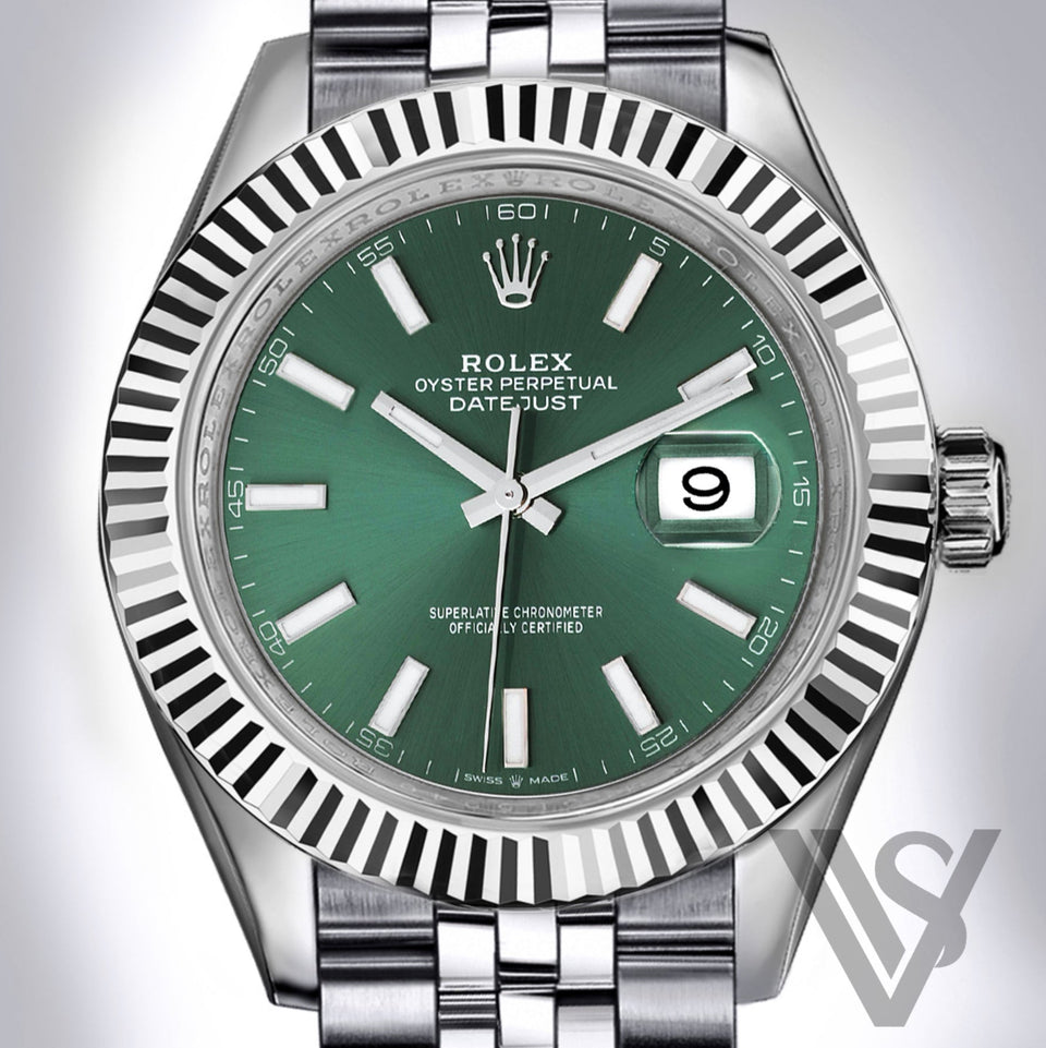 Rolex - Datejust - 41mm Green Stick Index Dial 18K White Gold Fluted Bezel Stainless Steel Jubilee Bracelet Men's Watch