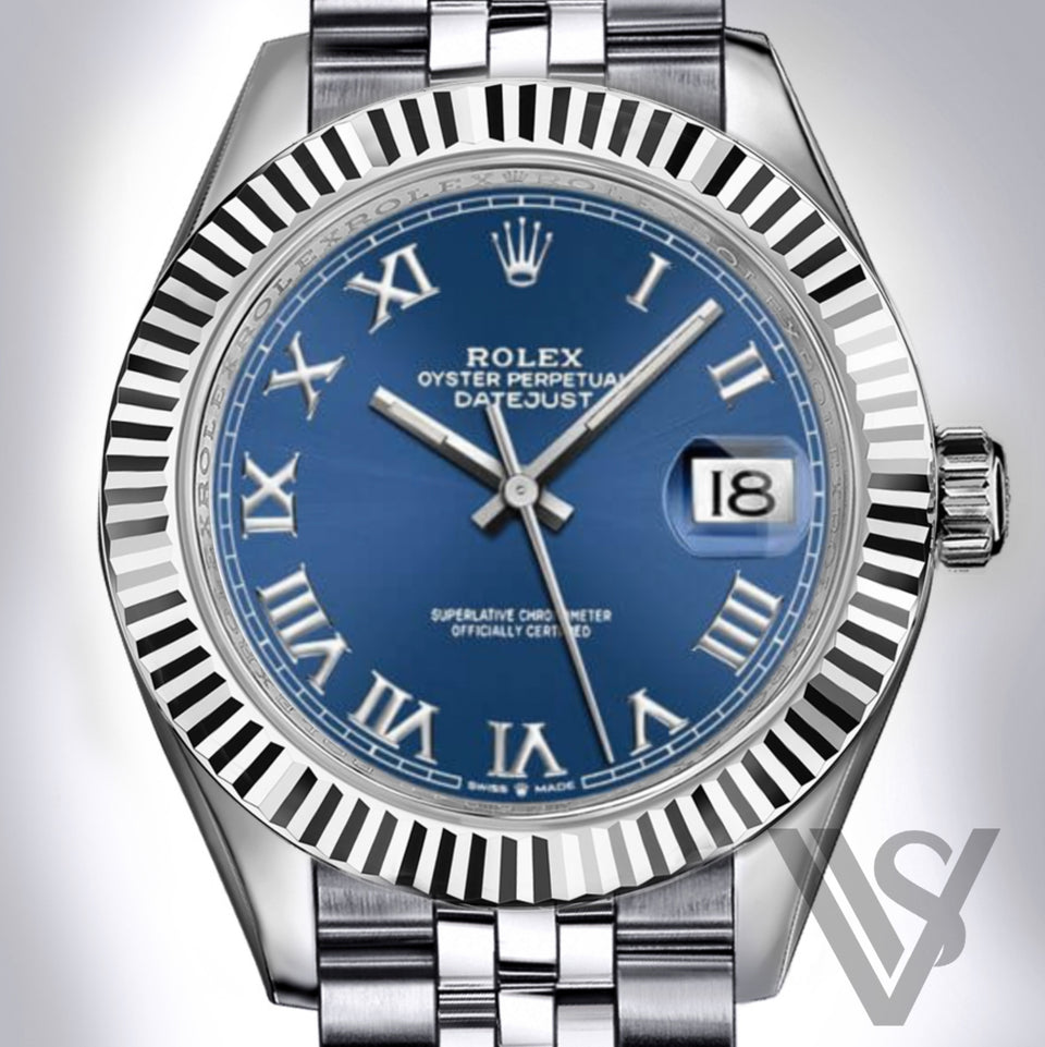 Rolex - Datejust - 41mm Bue Roman Numeral 18K White Gold Fluted Bezel Stainless Steel Jubilee Bracelet Men's Watch
