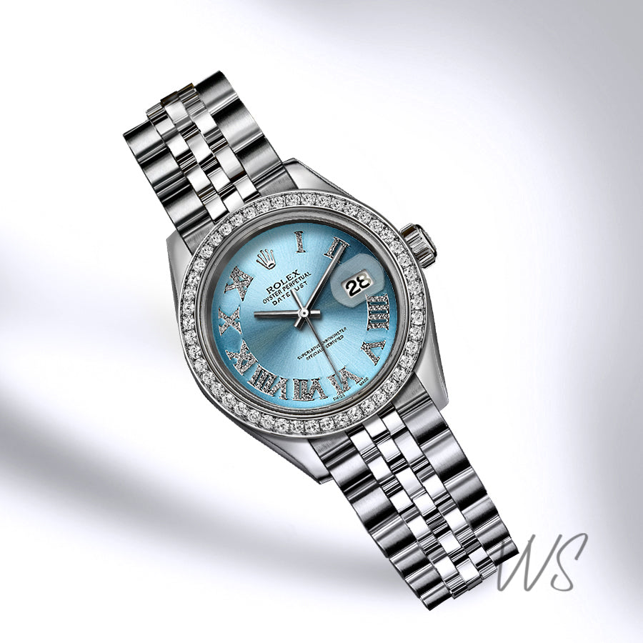 Rolex - Stainless Steel Datejust - Diamond Bezel - Blue Iced Out Roman Numeral Pave Diamond Dial - Jubilee Bracelet