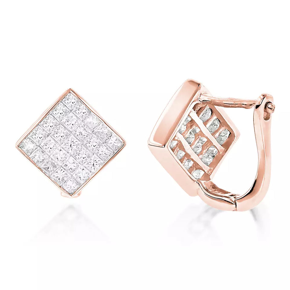 14K Rose Gold Invisible Princess Cut Diamond Earrings 1.45ct
