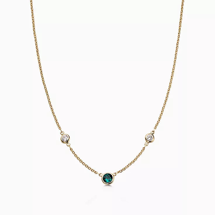 14K Yellow Emerald And diamond Station Necklace .40ct