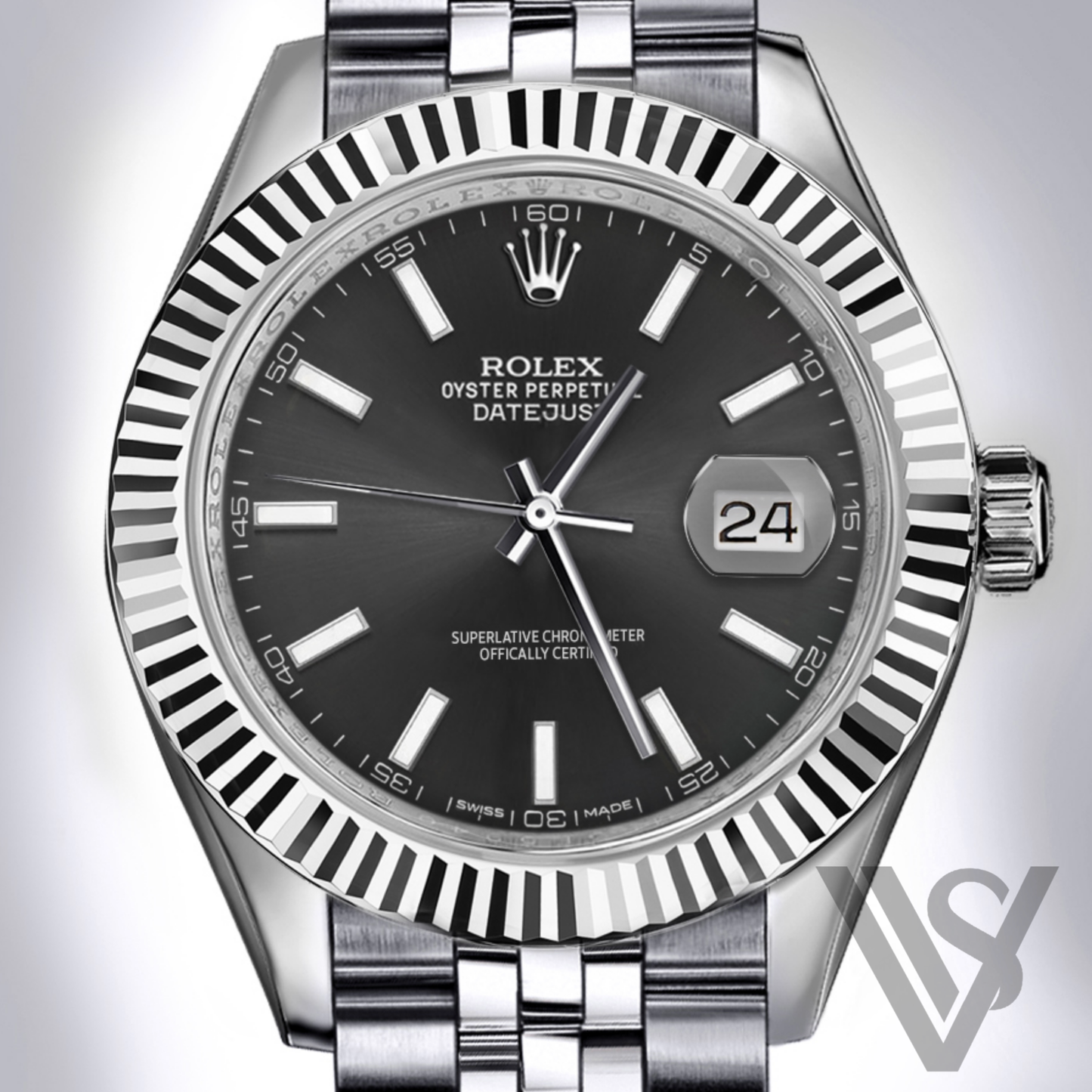 Rolex - Datejust - 41mm Black Index Stick Dial 18K White Gold Fluted Bezel Stainless Steel Jubilee Bracelet Men's Watch