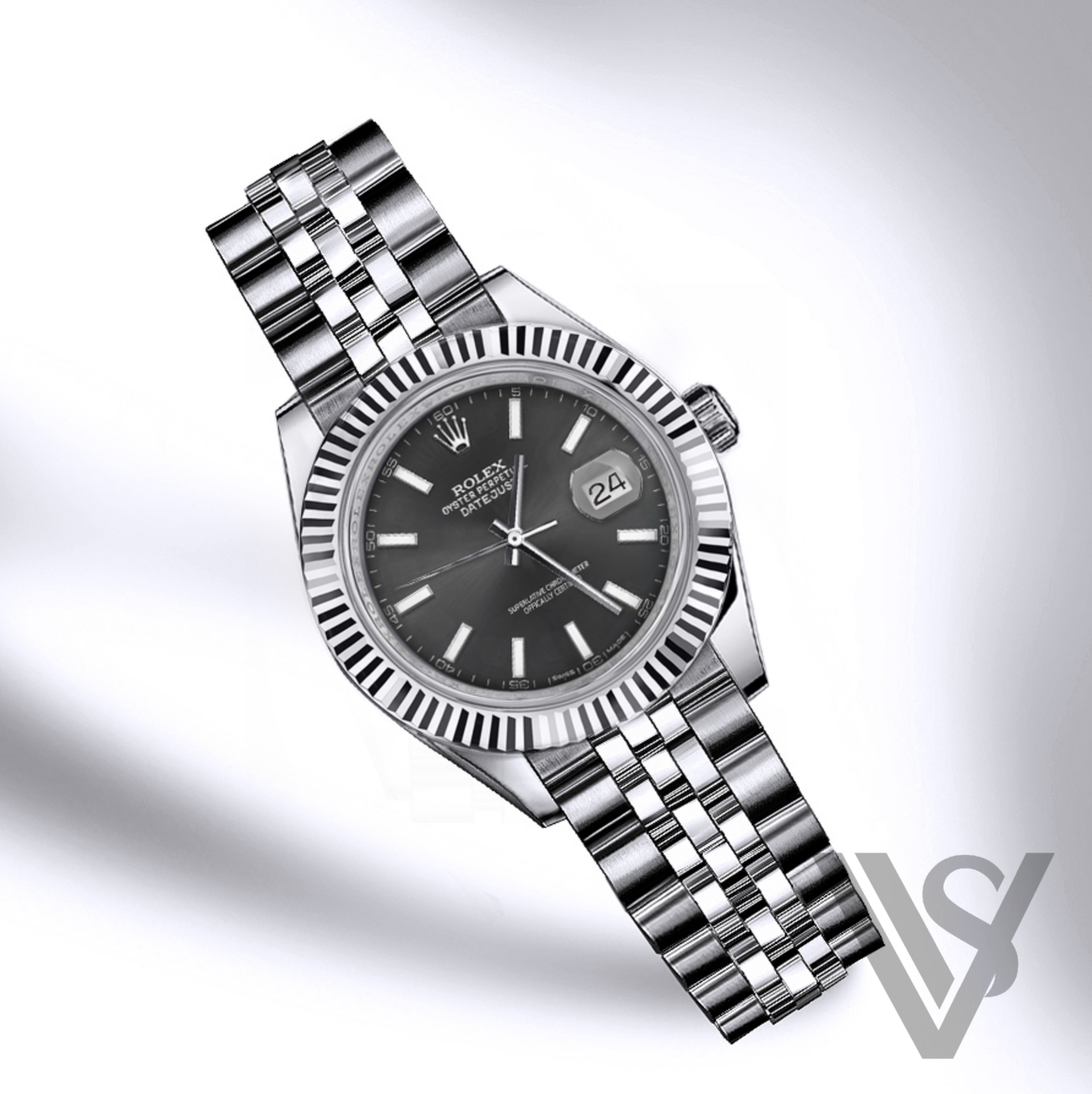 Rolex - Datejust - 41mm Black Index Stick Dial 18K White Gold Fluted Bezel Stainless Steel Jubilee Bracelet Men's Watch