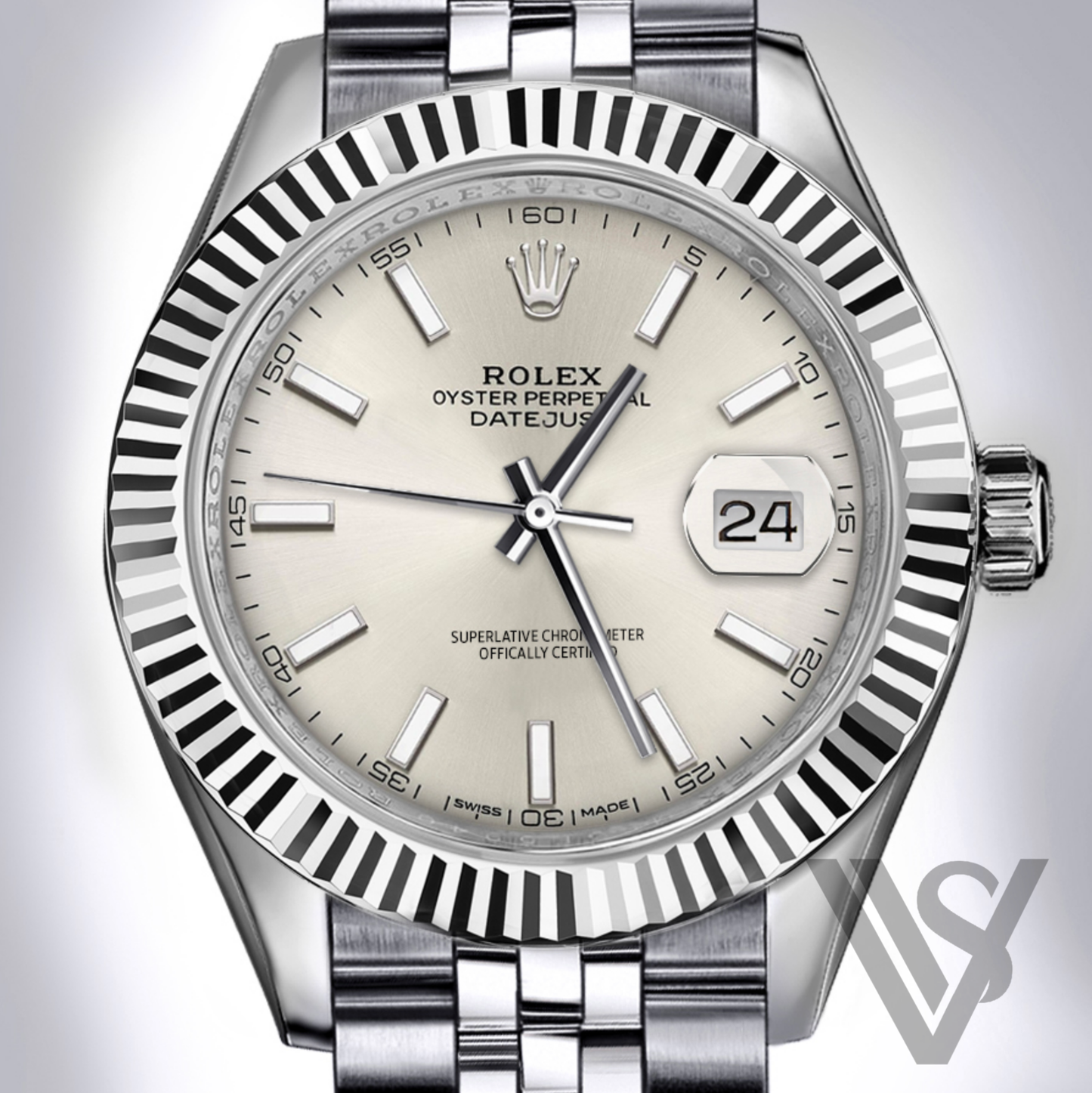 Rolex - Datejust - 41mm Silver Index Stick Dial 18K White Gold Fluted Bezel Stainless Steel Jubilee Bracelet Men's Watch