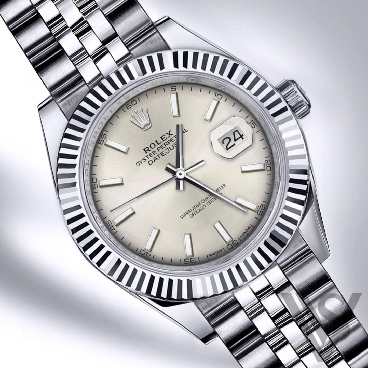 Rolex - Datejust - 41mm Silver Index Stick Dial 18K White Gold Fluted Bezel Stainless Steel Jubilee Bracelet Men's Watch