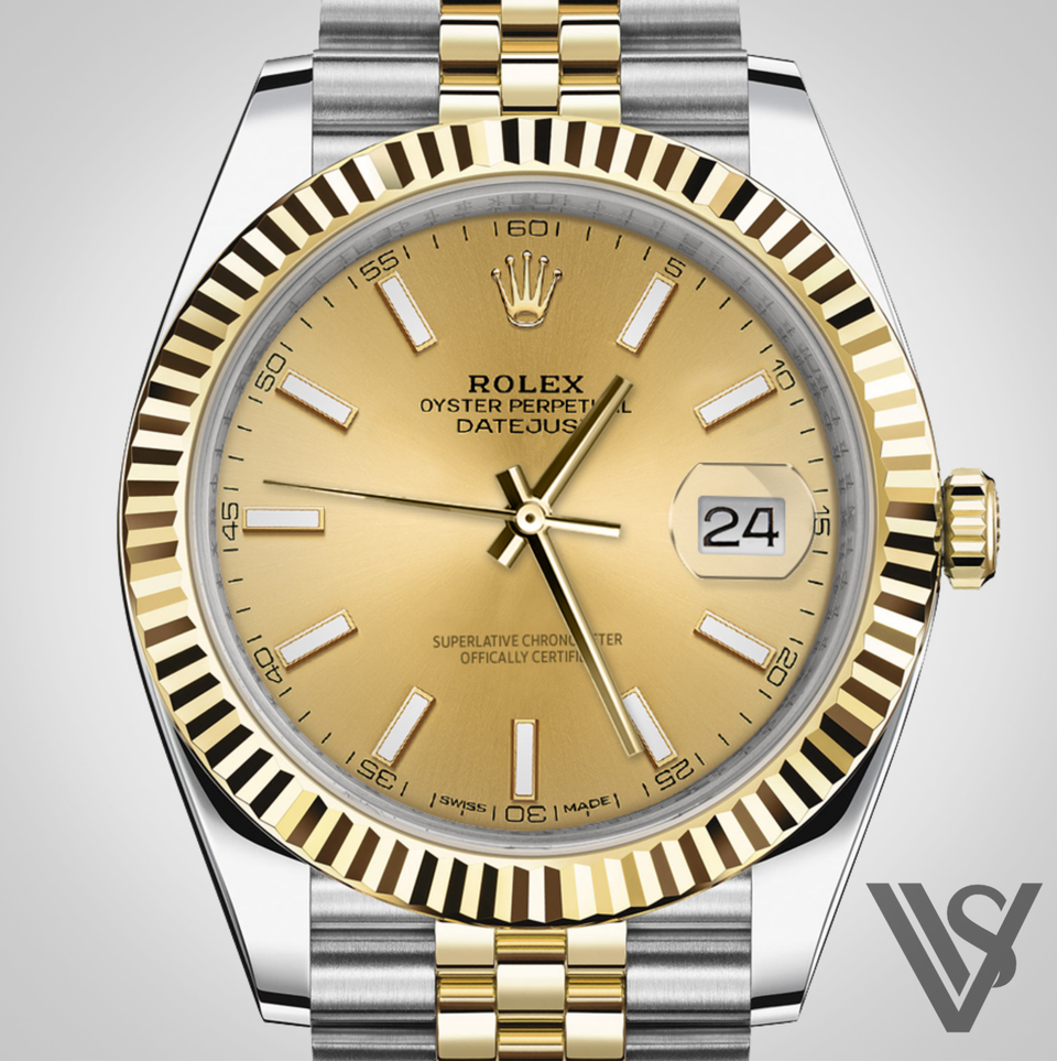 Rolex - Datejust - 41mm Champagne Index Stick Dial 18K Yellow Gold Fluted Bezel Yellow Gold/Steel Jubilee Bracelet Men's Watch