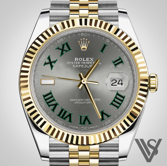 Rolex - Datejust - 41mm Slate Green Roman Dial 18K Yellow Gold Fluted Bezel Stainless Steel Yellow Jubilee Bracelet Men's Watch