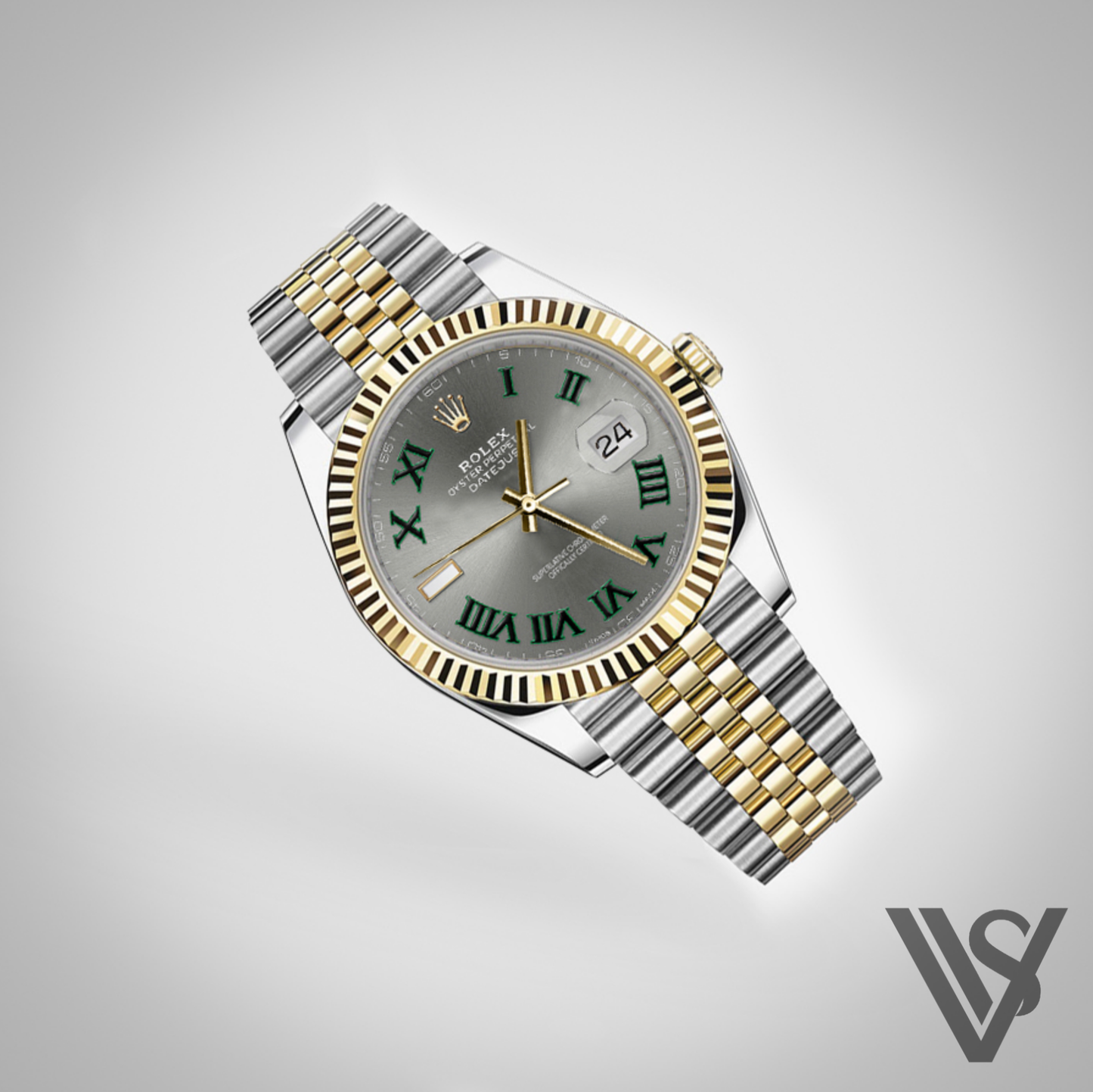 Rolex - Datejust - Slate Green Roman Dial 18K Yellow Gold Fluted Bezel Stainless Steel Yellow Jubilee Bracelet Men's Watch