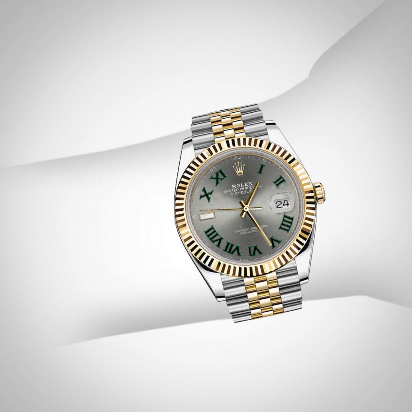 Rolex - Datejust - Slate Green Roman Dial 18K Yellow Gold Fluted Bezel Stainless Steel Yellow Jubilee Bracelet Men's Watch