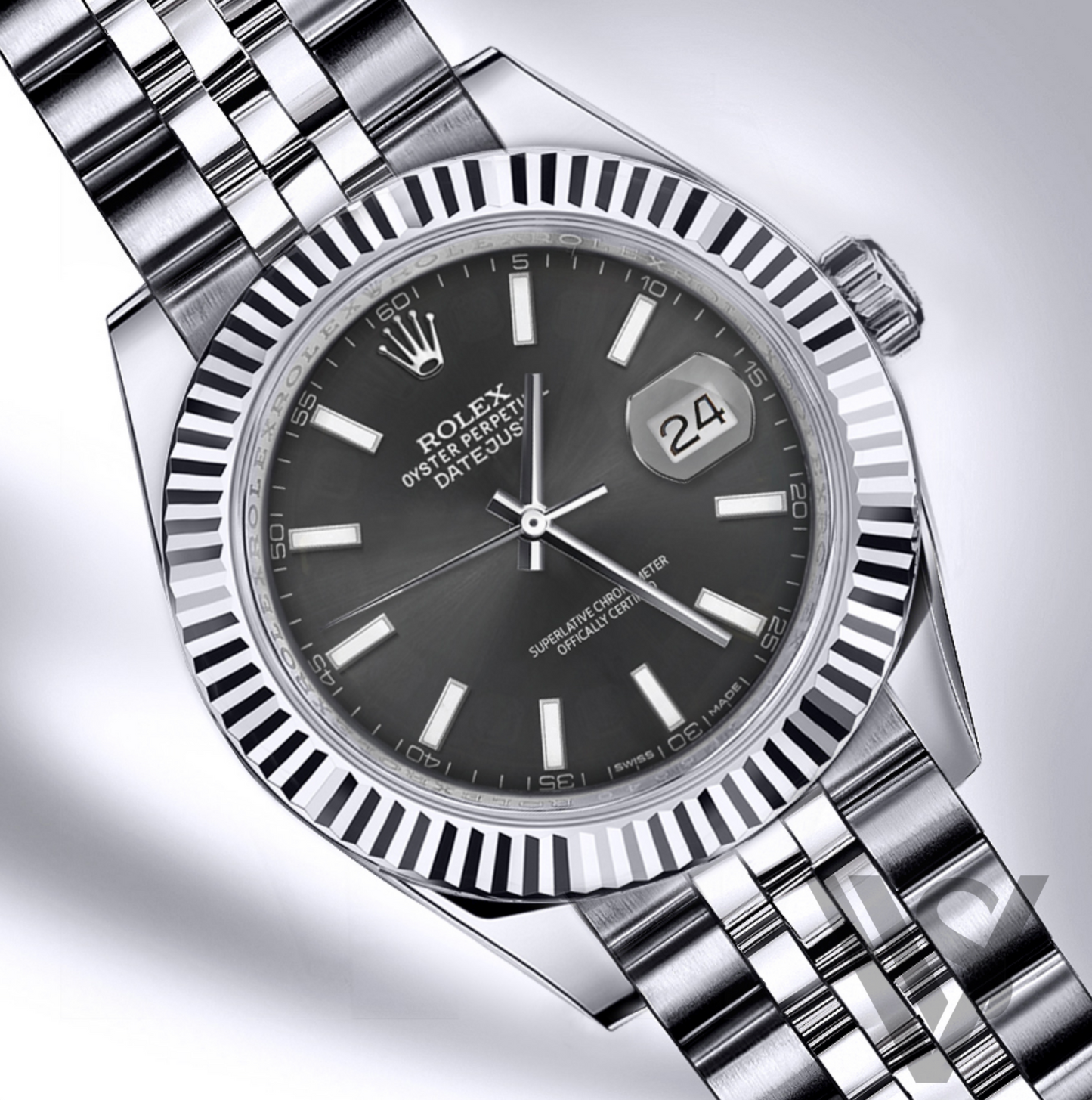 Rolex - Datejust - 41mm Black Index Stick Dial 18K White Gold Fluted Bezel Stainless Steel Jubilee Bracelet Men's Watch