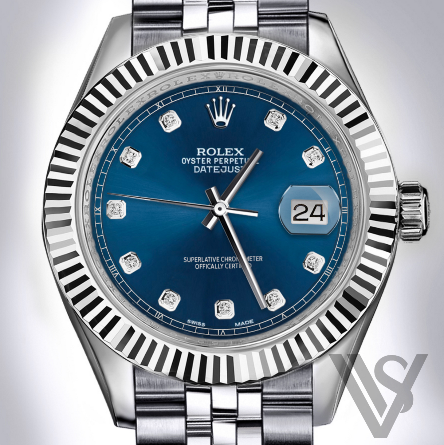 Rolex - Datejust - Blue Diamond Dial 18K White Gold Fluted Bezel Stainless Steel Jubilee Bracelet Men's Watch