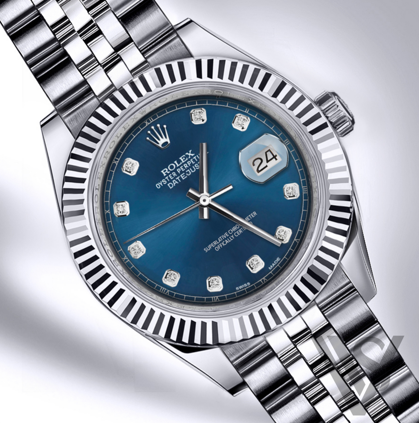 Rolex - Datejust - Blue Diamond Dial 18K White Gold Fluted Bezel Stainless Steel Jubilee Bracelet Men's Watch