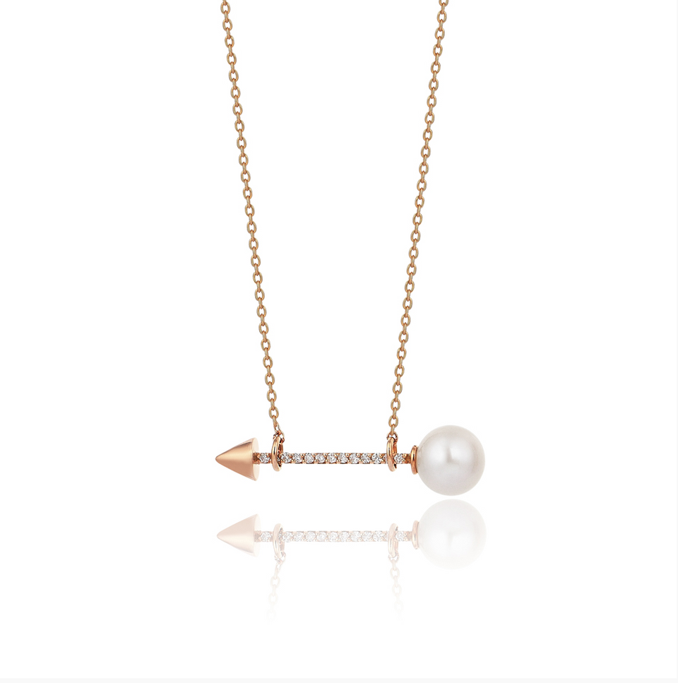 Bow Arrow 14K Rose Gold Pearl Natural Diamond Necklace