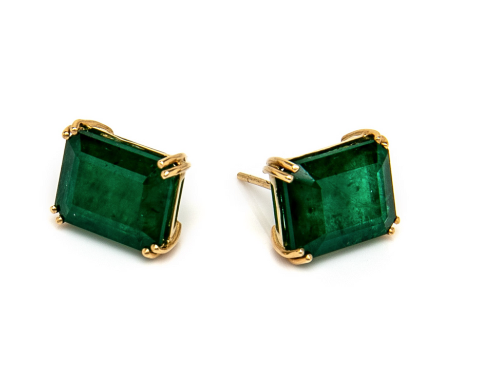1.90 Carat Emerald Cut Natural Untreated Emerald Stud Earrings 14K Yellow Gold 8 Prong Setting