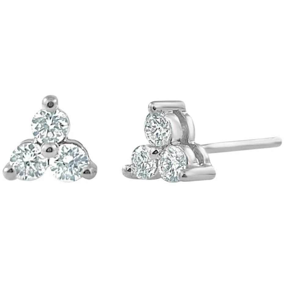 14K White Gold Diamond 3-Stone Stud Earrings